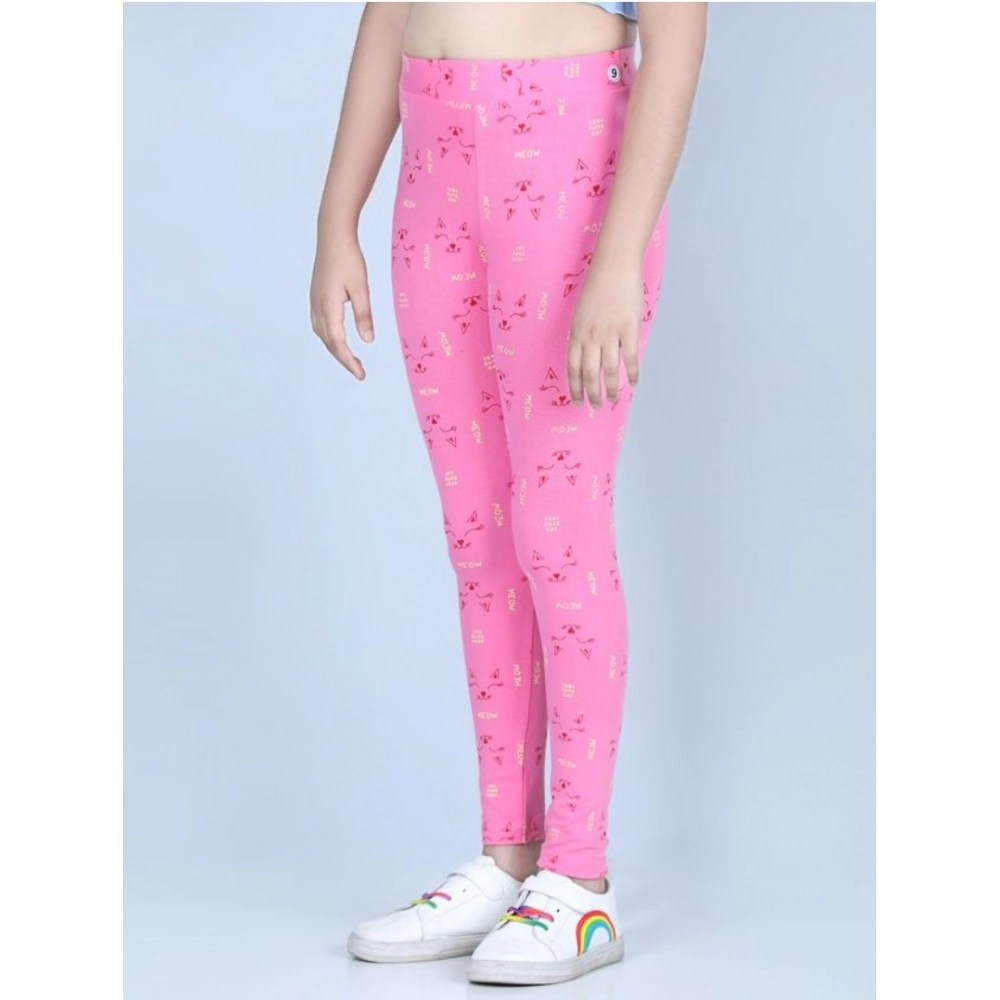 Girl's Cotton Lycra Printed Elasticated Leggings (Pink) - Image 3