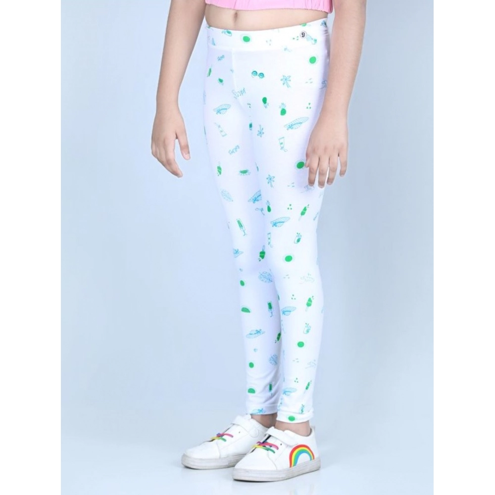 Girl's Cotton Lycra Printed Elasticated Leggings (White) - Image 3