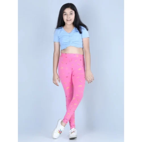 Girl's Cotton Lycra Printed Elasticated Leggings (Pink)