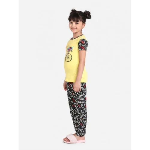 Girl's Cotton Hosiery Printed Night Suit Set (Yellow-Black)