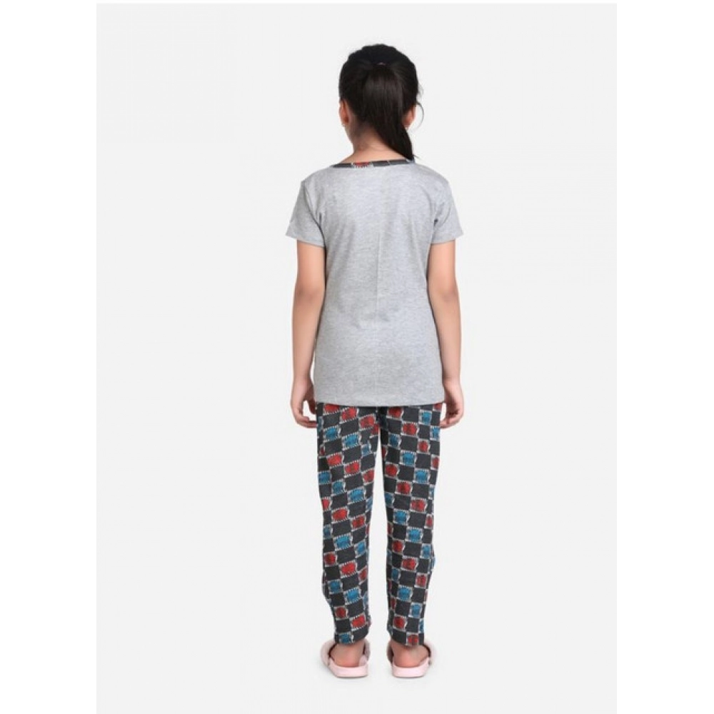 Girl's Cotton Hosiery Printed Night Suit Set (Grey-Red) - Image 3