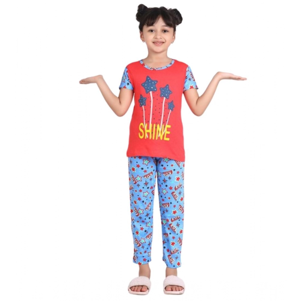 Girl's Cotton Hosiery Printed Night Suit Set (Red-Blue) - Image 2