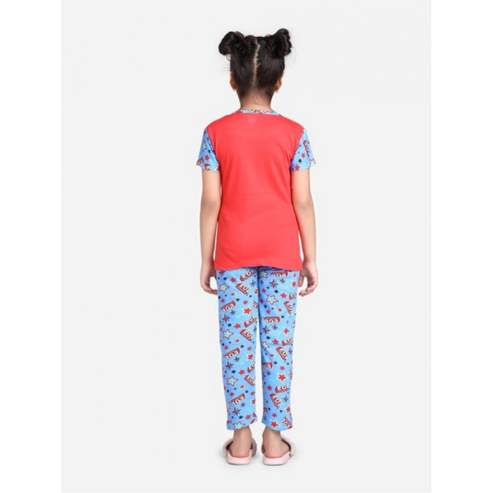 Girl's Cotton Hosiery Printed Night Suit Set (Red-Blue) - Image 3