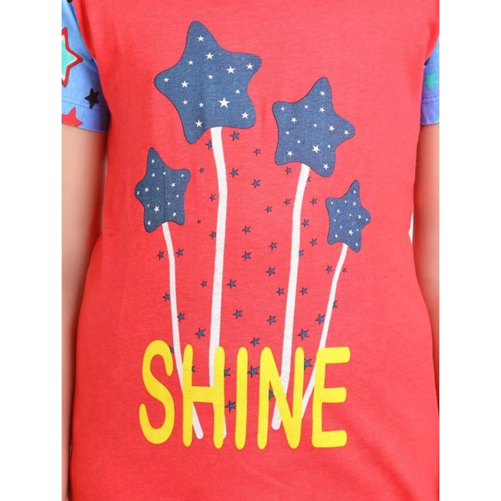 Girl's Cotton Hosiery Printed Night Suit Set (Red-Blue) - Image 4