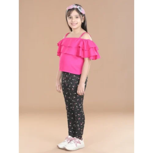 Girl's Cotton Floral Elasticated Jegging and Top Set (Pink)