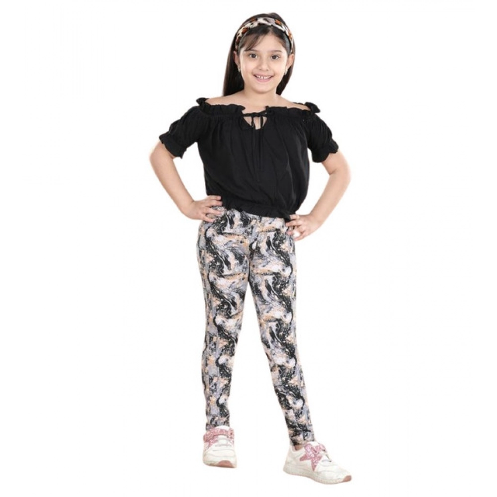 Girl's Cotton Floral Elasticated Jegging and Top Set (Black) - Image 2