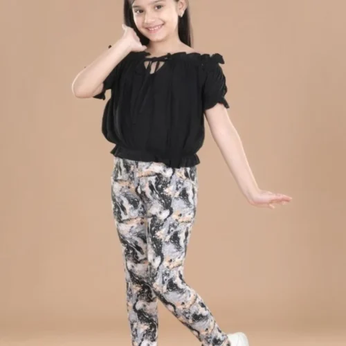 Girl's Cotton Floral Elasticated Jegging and Top Set (Black)