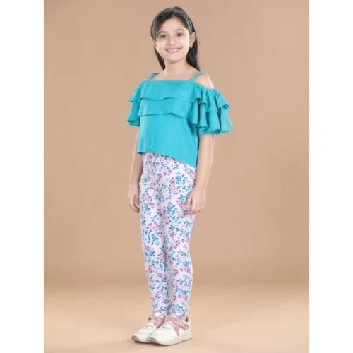 Girl's Cotton Floral Elasticated Jegging and Top Set (Turquoise Blue)