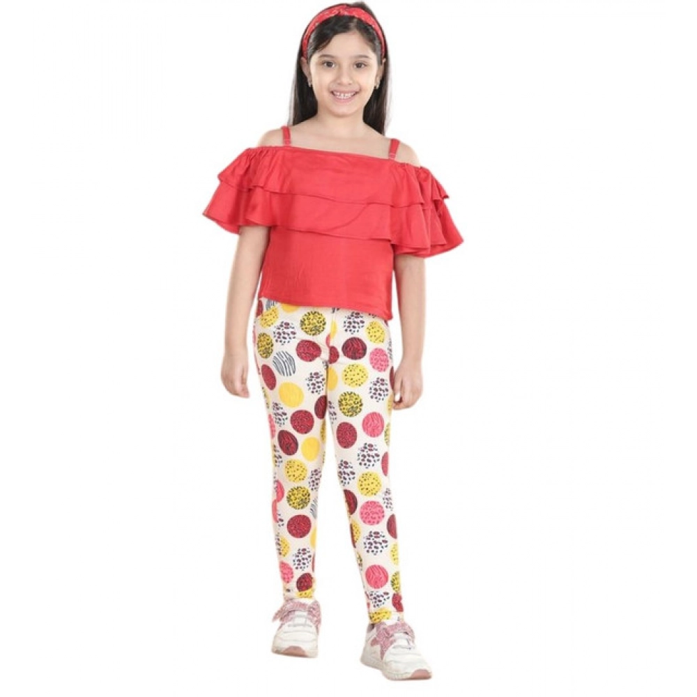 Girl's Cotton Floral Elasticated Jegging and Top Set (Red) - Image 2