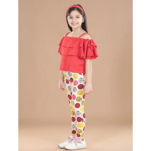 Girl's Cotton Floral Elasticated Jegging and Top Set (Red)