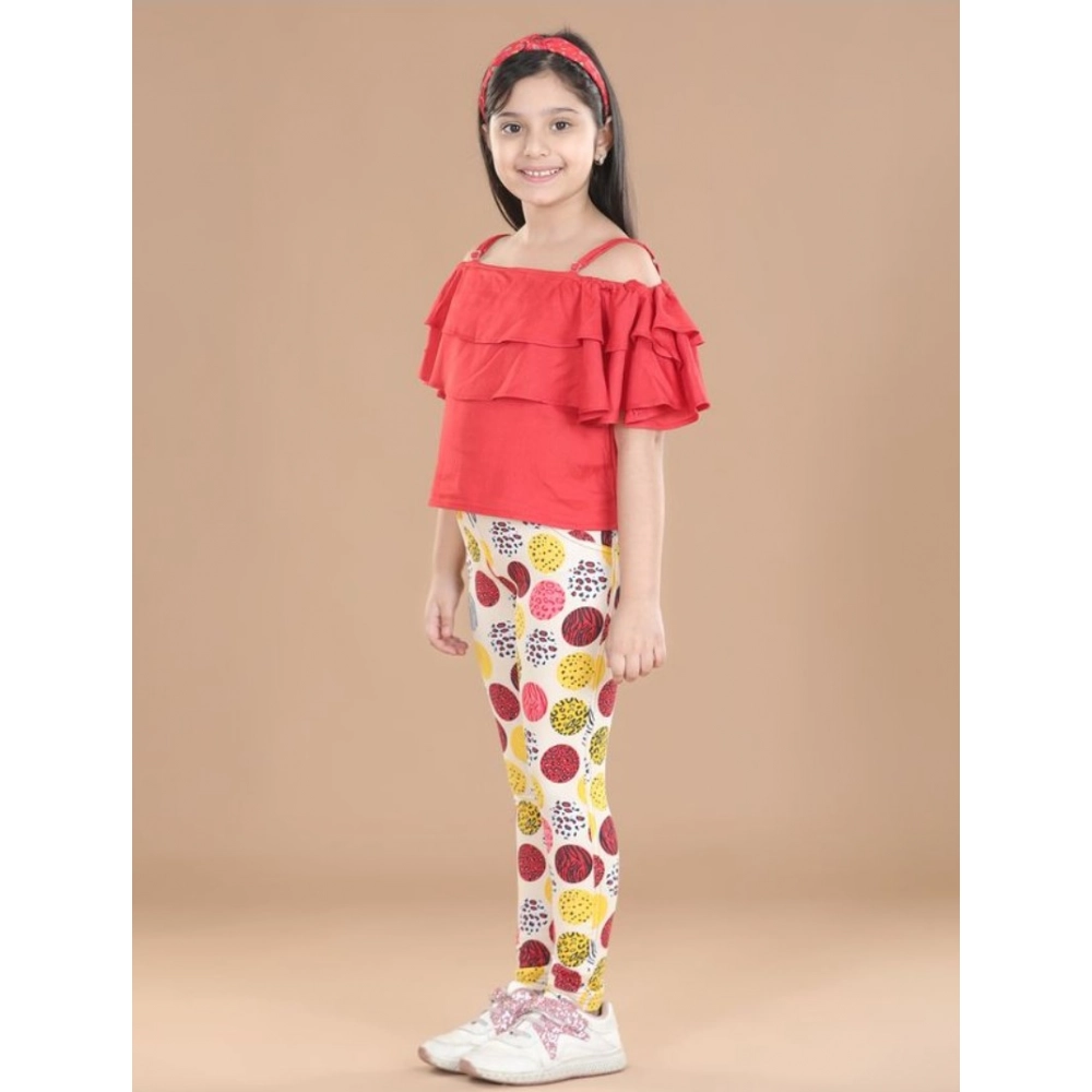 Girl's Cotton Floral Elasticated Jegging and Top Set (Red)