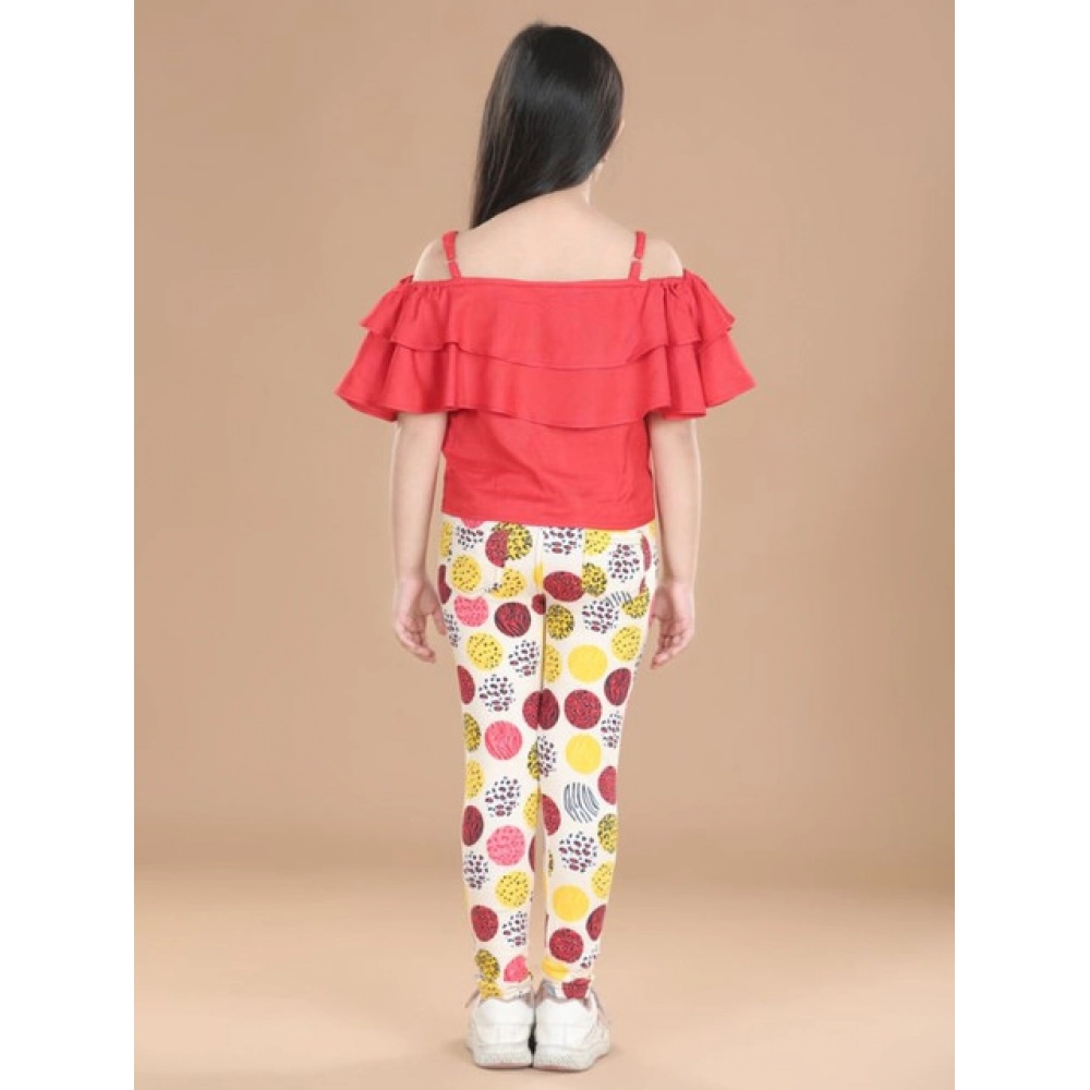 Girl's Cotton Floral Elasticated Jegging and Top Set (Red) - Image 3
