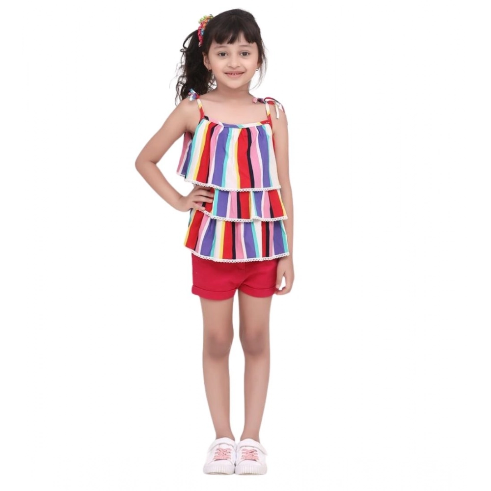 Girl's Polyester Crepe Striped Tie Ups Shorts Set (Multicolor) - Image 2