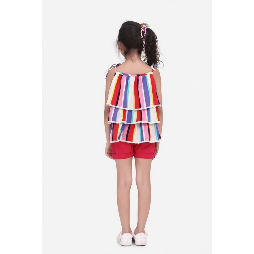 Girl's Polyester Crepe Striped Tie Ups Shorts Set (Multicolor) - Image 3