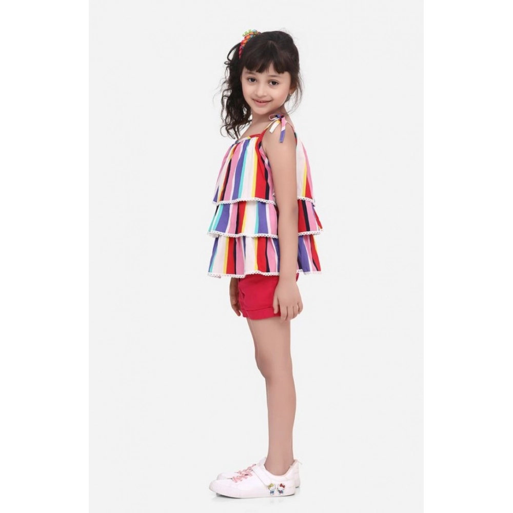 Girl's Polyester Crepe Striped Tie Ups Shorts Set (Multicolor) - Image 4