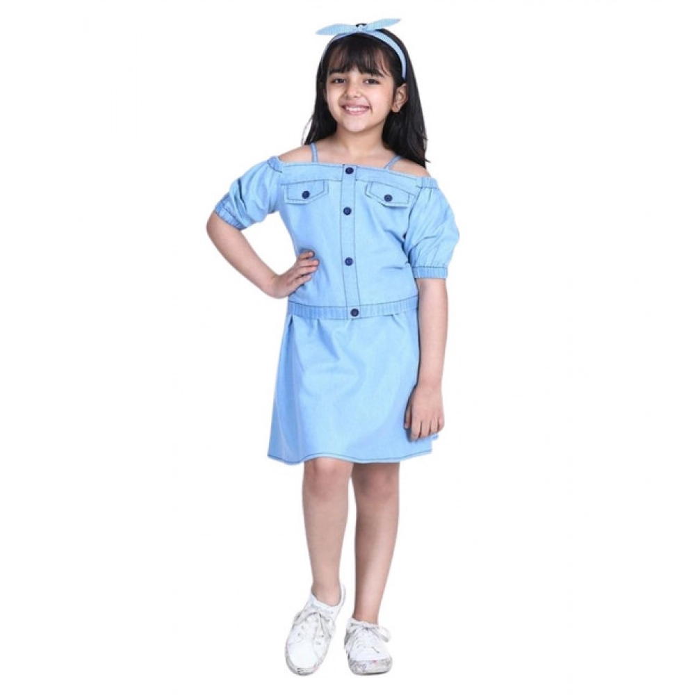 Girl's Denim Solid Cold Shoulder Top and Skirt Set (Light Blue) - Image 2