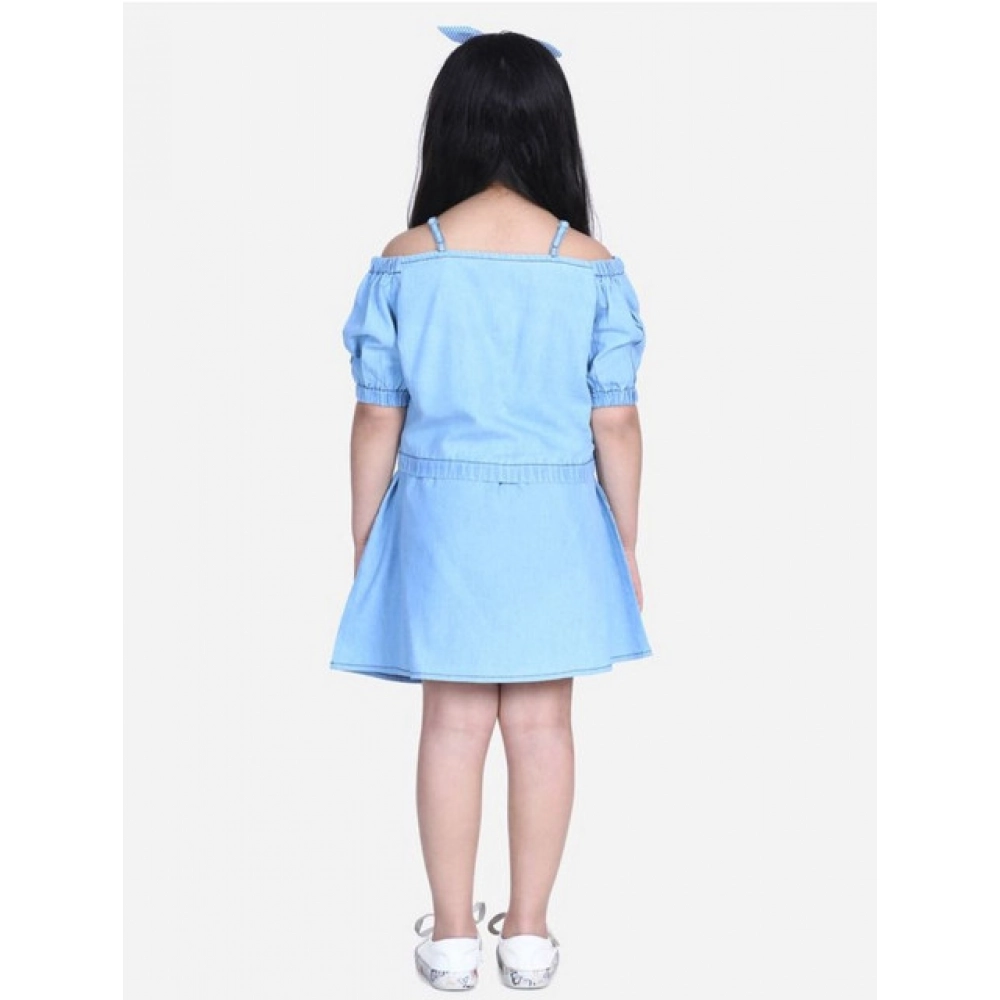 Girl's Denim Solid Cold Shoulder Top and Skirt Set (Light Blue) - Image 3