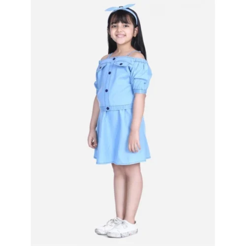 Girl's Denim Solid Cold Shoulder Top and Skirt Set (Light Blue)