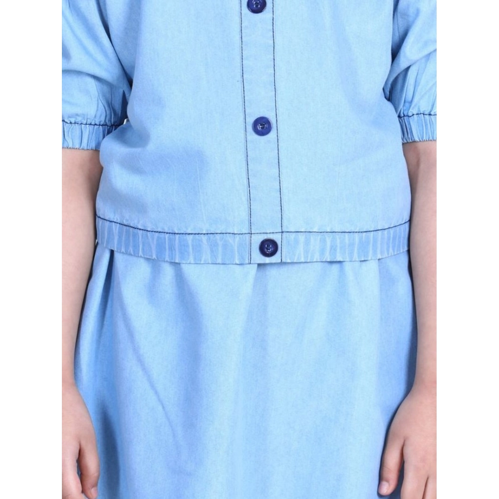 Girl's Denim Solid Cold Shoulder Top and Skirt Set (Light Blue) - Image 4