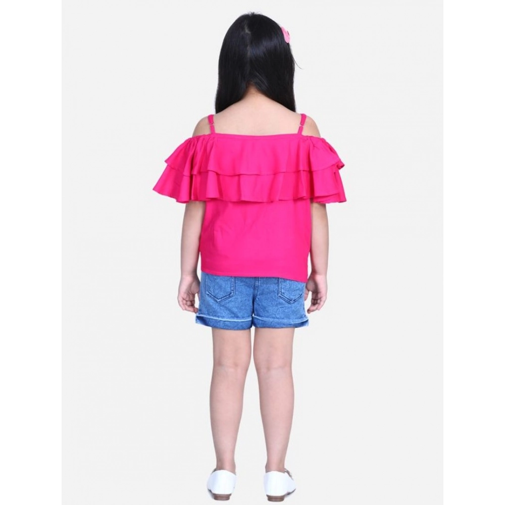 Girl's Rayon Solid Cold Shoulder Top with Shorts (Pink-Blue) - Image 3