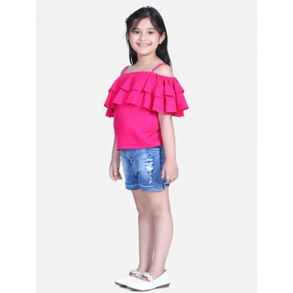 Girl's Rayon Solid Cold Shoulder Top with Shorts (Pink-Blue) - Image 2
