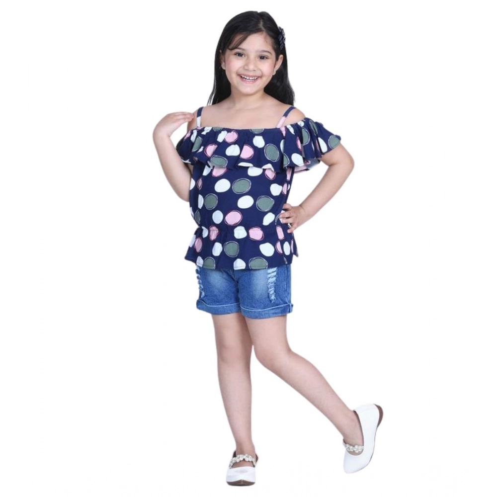 Girl's Rayon Solid Cold Shoulder Top with Shorts (Navy Blue) - Image 2