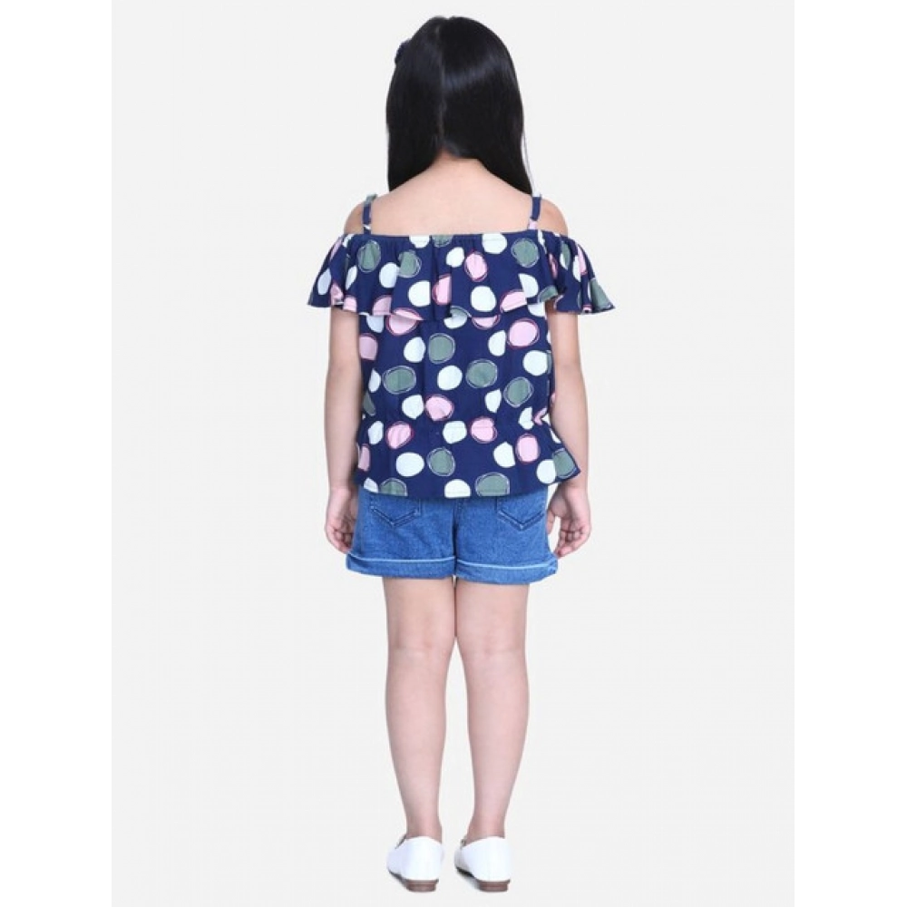 Girl's Rayon Solid Cold Shoulder Top with Shorts (Navy Blue) - Image 3