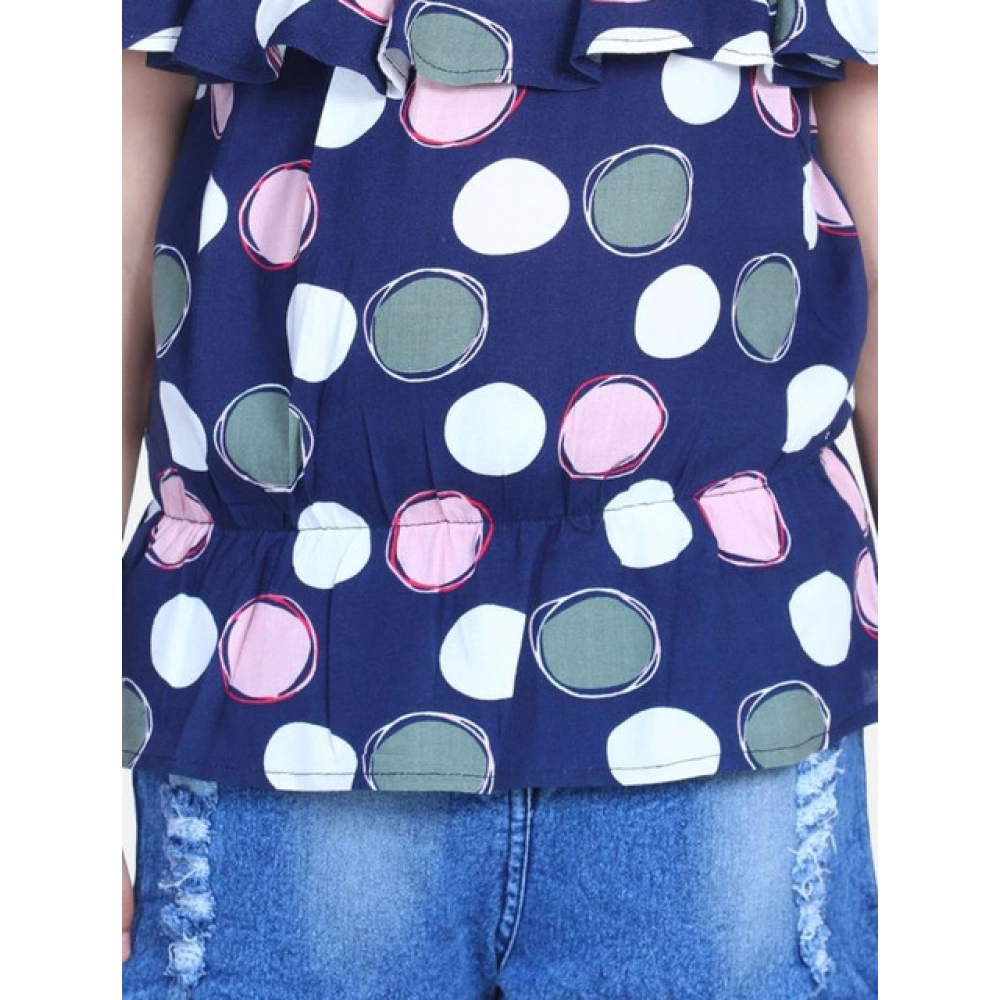 Girl's Rayon Solid Cold Shoulder Top with Shorts (Navy Blue) - Image 4