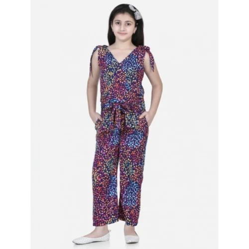 Girl's Polyester Crepe Floral Short Sleeve Set (Multicolor)