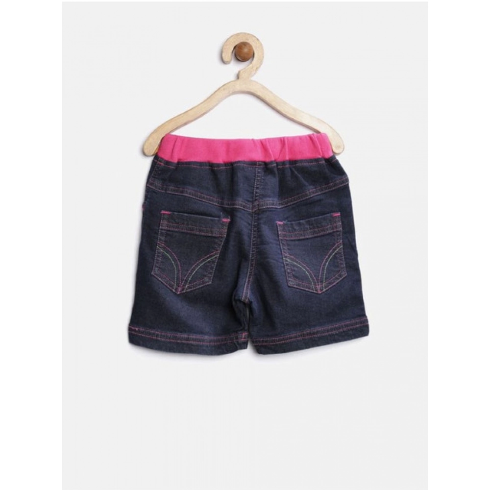 Girl's Denim Ribbed Elasticated Shorts (Pink-Blue) - Image 2