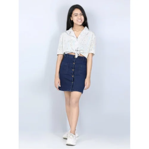 Girl's Denim Solid Buttoned Skirt (Navy Blue)