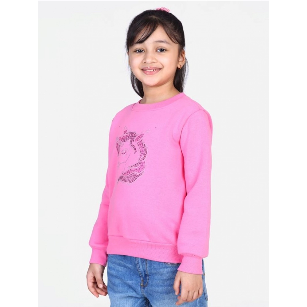 Girl's Fleece Embellished Long Sleeves Sweatshirt (Pink) - Image 4