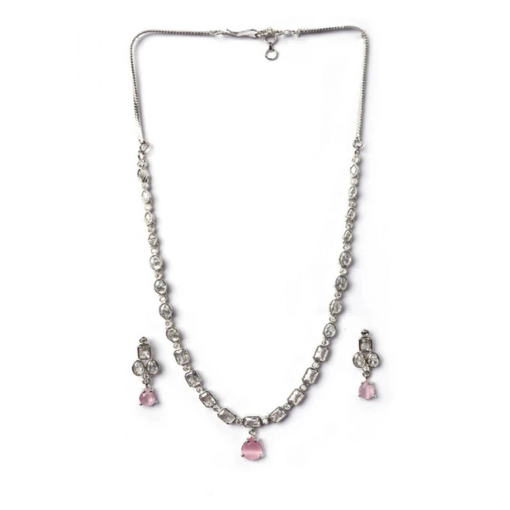 Women's Brass Silver Plated Necklace set (Pink) - Image 2