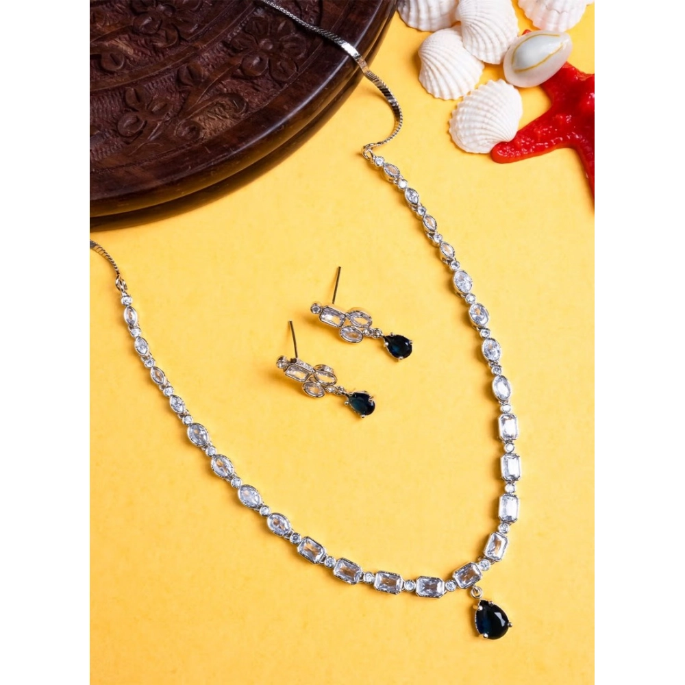 Women's Brass Silver Plated Necklace set (Blue) - Image 4