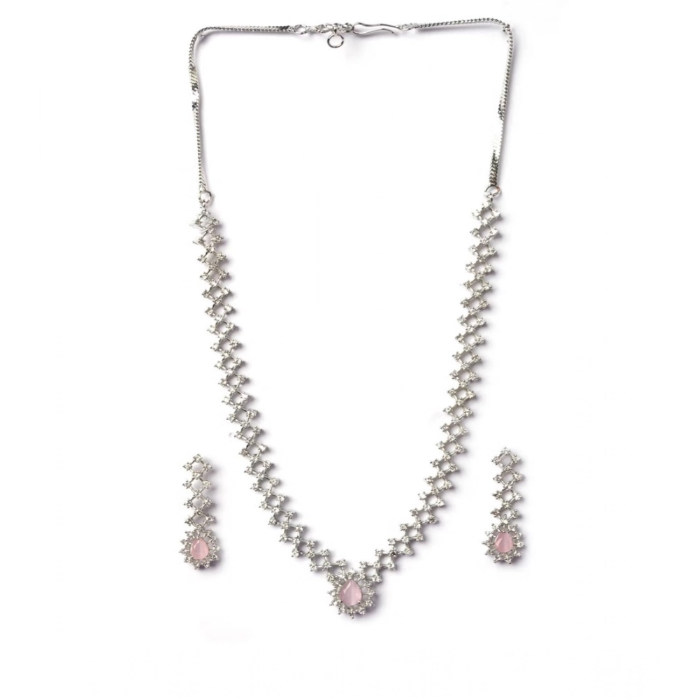 Women's Brass Silver Plated Necklace set (Pink) - Image 2