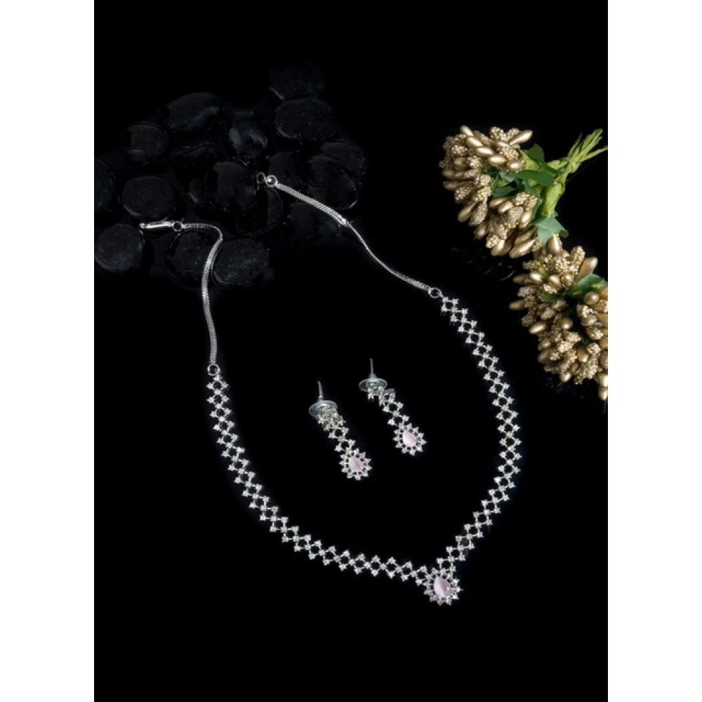 Women's Brass Silver Plated Necklace set (Pink) - Image 3