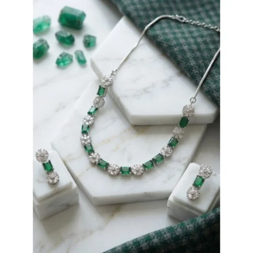 Women's Brass Silver Plated Necklace set (Green)