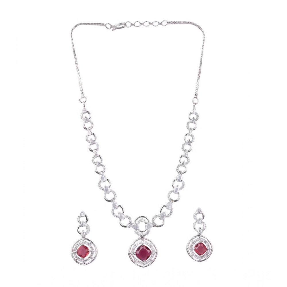 Women's Brass Silver Plated Necklace set (Red) - Image 2