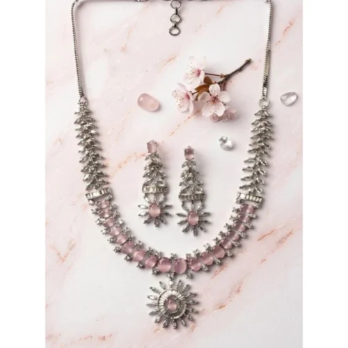 Women's Brass Silver Plated Necklace set (Pink)