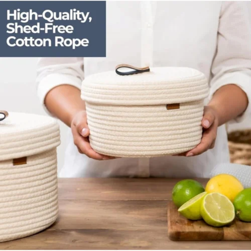 Cotton 2 Pcs Set Roti Box Storage Basket With Lid (White)