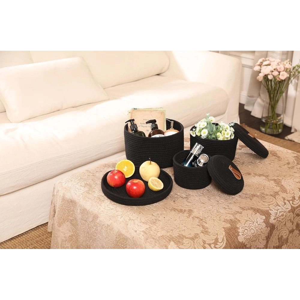 Cotton 3 Pcs Set Roti Box Storage Basket With Lid (Black) - Image 4