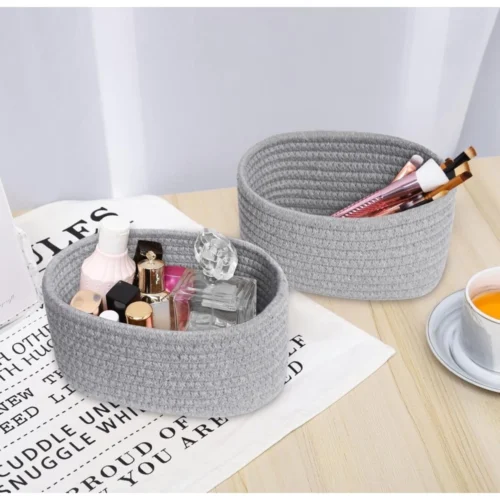 Cotton 8x3 Inch Round 2 Set Bedside Organizer With Out Lid (Gray)