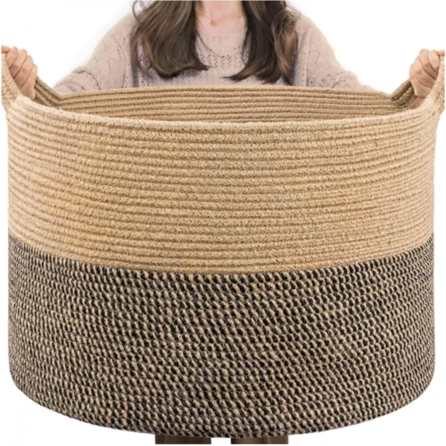 Cotton Pack Of_1 16x14 Inch Storage Basket For Clothes With Out Lid (Beige-Beige-Black)