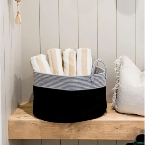 Cotton Pack Of_1 14x12 Inch Laundry Storage Basket For Clothes (Grey-Black)