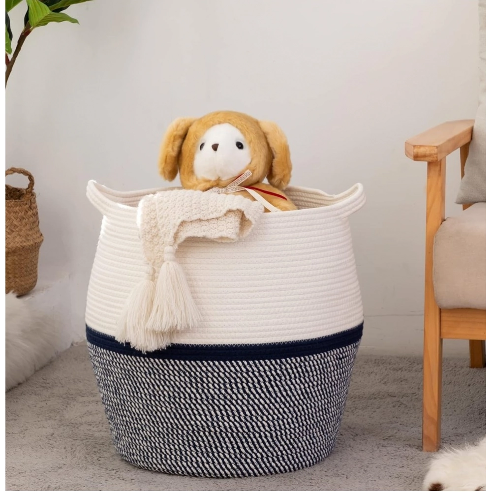 Cotton Matka 14x12 Inch Storage Basket For Clothes With Out Lid (Gray-White)