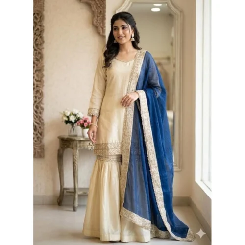 Women's Silk Embroidered 3/4th Sleeve V-Neck Kurti With Sharara Pant and Dupatta Set (Cream & Blue)