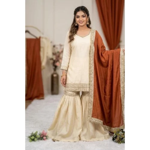 Women's Silk Embroidered 3/4th Sleeve V-Neck Kurti With Sharara Pant and Dupatta Set (Cream & Orange)