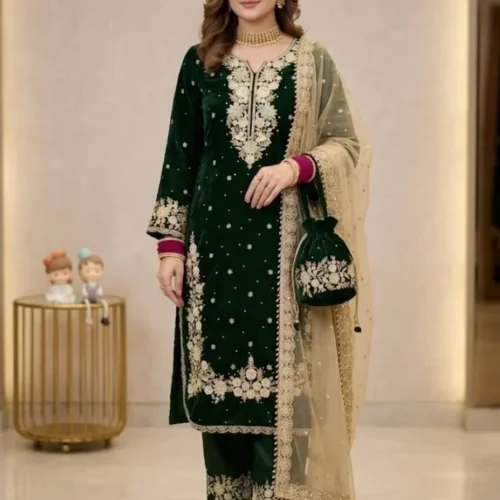 Women's Silk Embroidered 3/4th Sleeve Round Kurti With Palazzo Pant and Dupatta Set (Dark Green)
