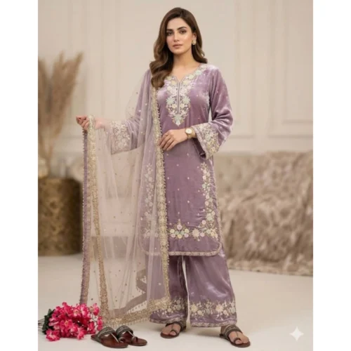 Women's Silk Embroidered 3/4th Sleeve Round Kurti With Palazzo Pant and Dupatta Set (Lavender)