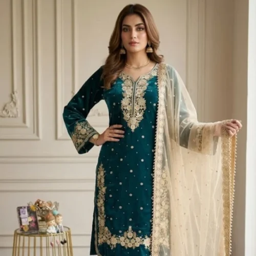 Women's Silk Embroidered 3/4th Sleeve Round Kurti With Palazzo Pant and Dupatta Set (Teal)